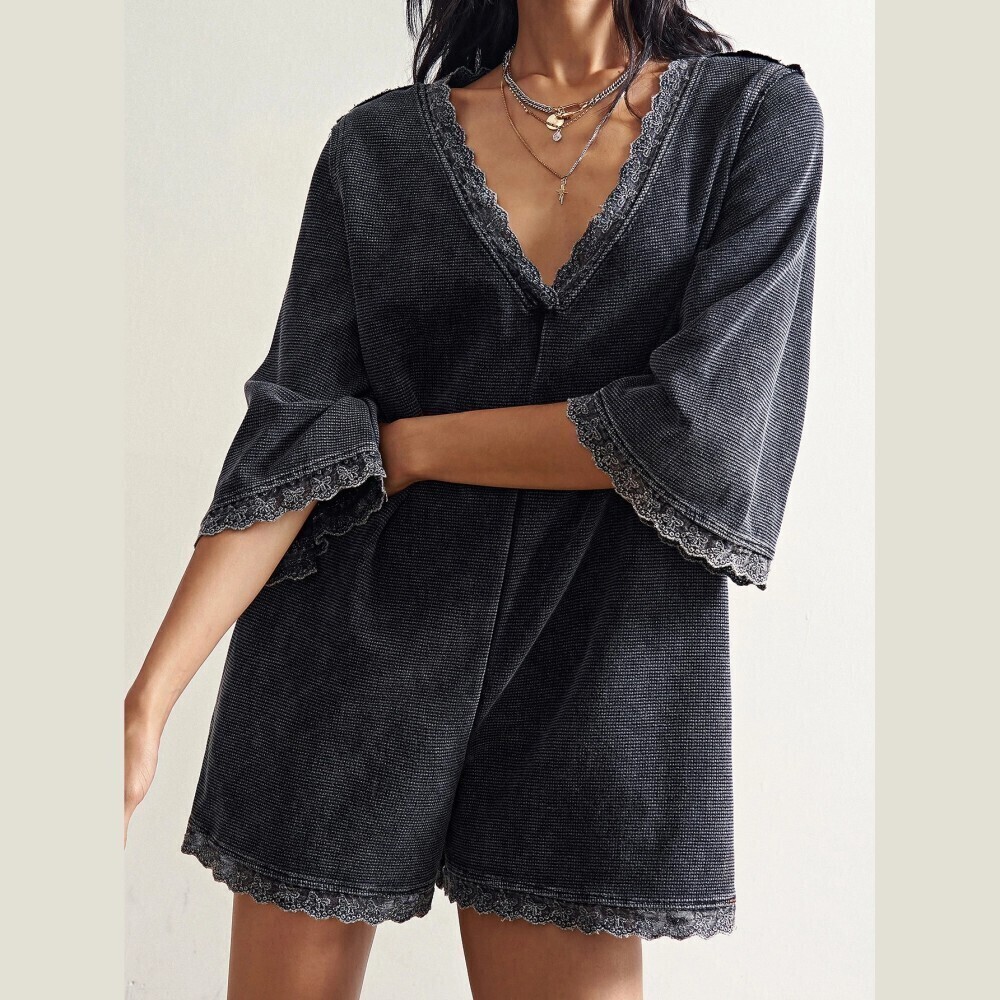 Charcoal Waffle Knit Lace Trim V Neck Mini T-Shirt Dress